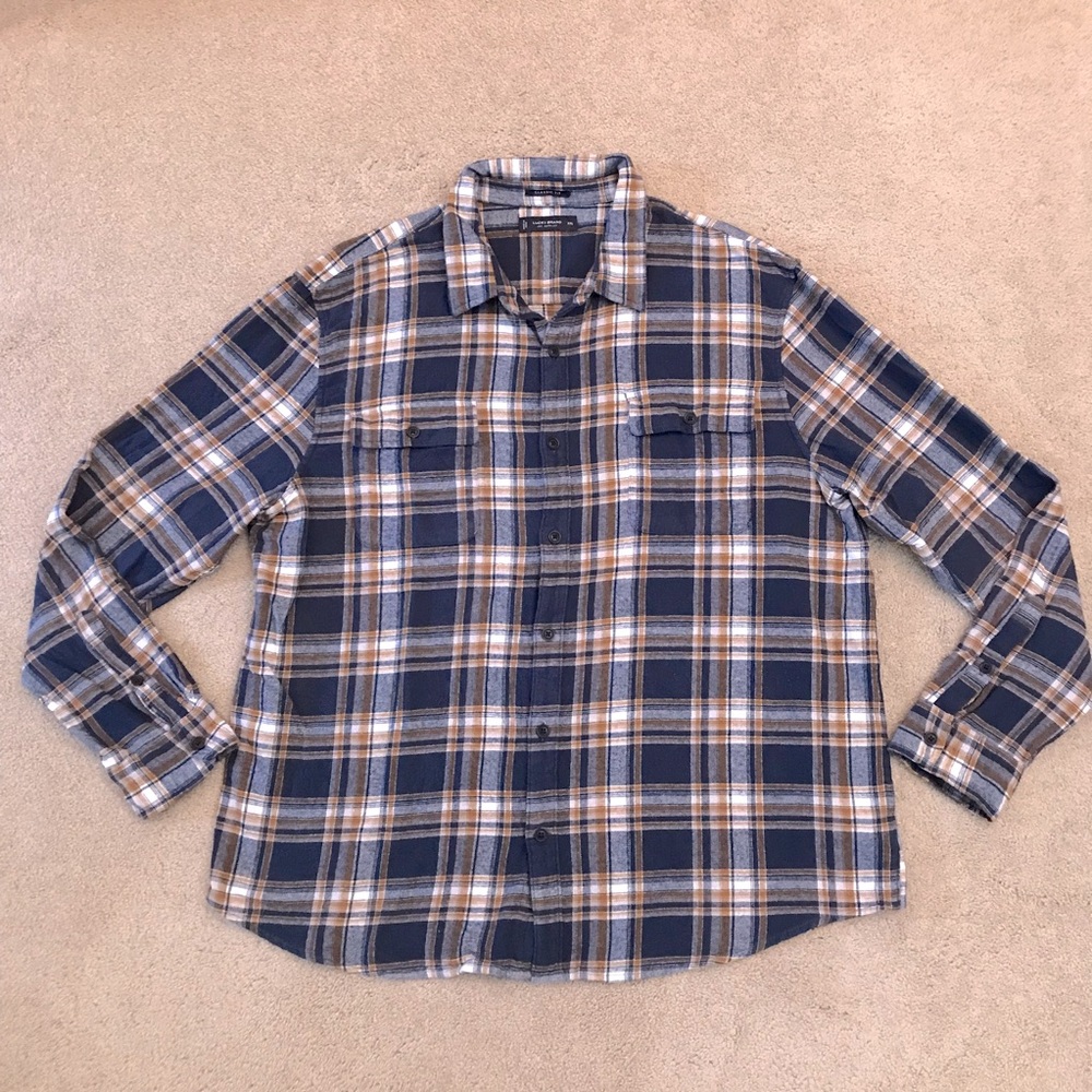 Lucky Brand Mens Plaid Flannel Shirt Size XXL Classic Fit Blue Tan Soft Cotton